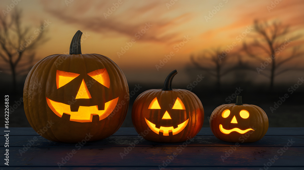 Obraz premium Three jack o lanterns glowing on a wooden surface with a sunset and trees in the background scene