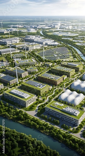 Aerial view of modern industrial complex with green spaces