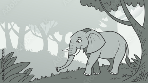 Elephant walking through a forest with trees and leaves in a black and white cartoon style image