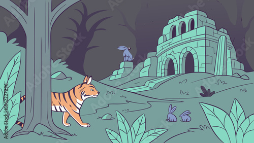 Tiger peers from behind a tree as rabbits gather near an ancient temple ruin in the forest