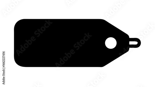 Illustration of a black price tag with rounded corners and a hole for attaching to merchandise item
