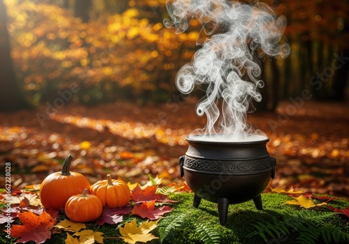 Mysterious steaming cauldron in an autumn forest with pumpkins and fallen leaves