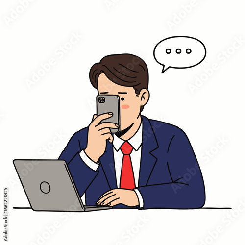 A businessman in a suit uses his smartphone to take a photo of his laptop screen while working at his desk.