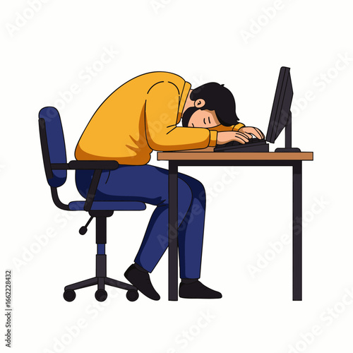 Exhausted office worker slumps over keyboard at desk, overwhelmed by work and in need of rest.
