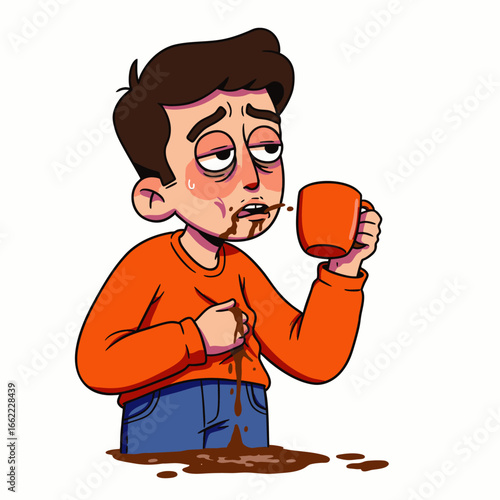 Exhausted man spills coffee on himself while trying to wake up with a morning beverage.