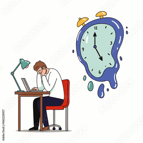 Overworked man slumps over laptop as melting clock symbolizes overwhelming pressure and lost time.