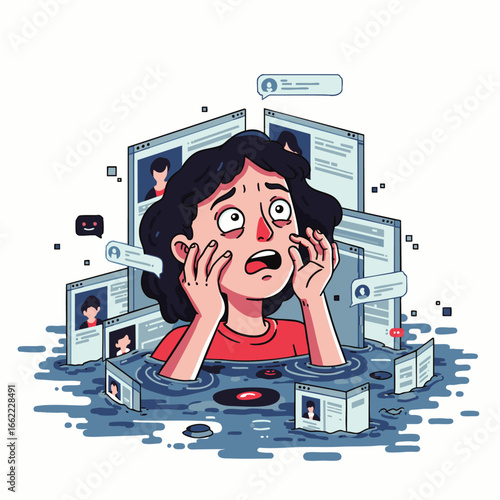 Overwhelmed person drowning in a sea of social media profiles and notifications, symbolizing digital overload and anxiety.