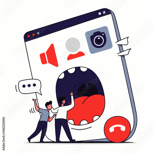 Tiny people struggle to communicate with a giant, open mouth on a digital screen, symbolizing online communication challenges.