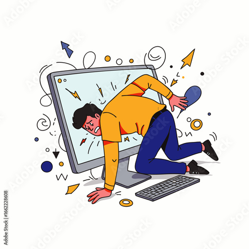 Frustrated man struggling with technology, his head stuck inside a computer screen.