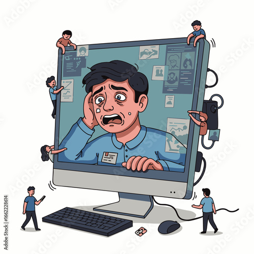 Man overwhelmed by technology and social media, depicted with small figures interacting with a computer screen.