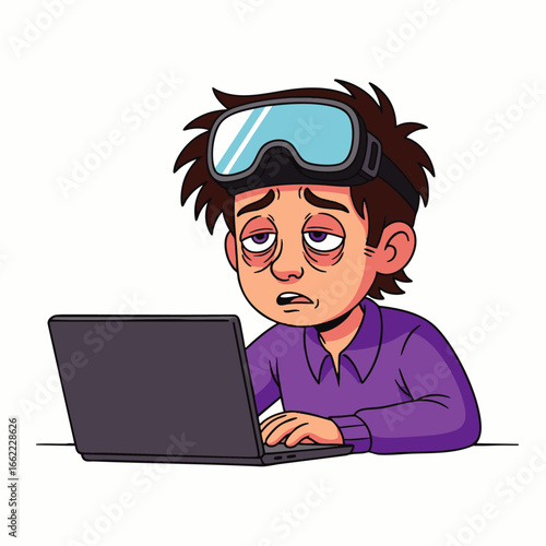Exhausted young man with VR goggles on forehead struggles to stay awake while working on his laptop late at night.