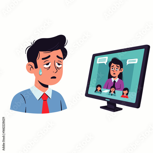 Tired businessman experiencing burnout from a stressful online meeting with colleagues on a computer screen.