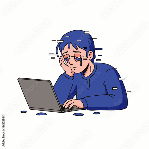A distressed young person stares at a glitching laptop screen, overwhelmed by digital fatigue and information overload.