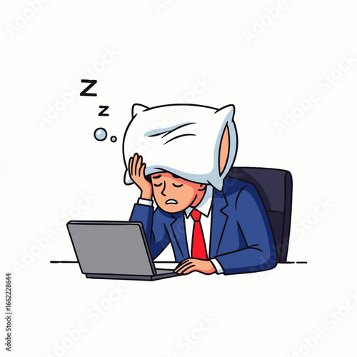 Tired businessman wearing a suit falls asleep at his desk with a pillow over his head while working on a laptop.