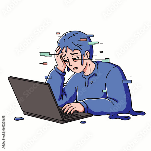 Frustrated person experiencing digital overload and stress while working on a laptop with glitch effects.