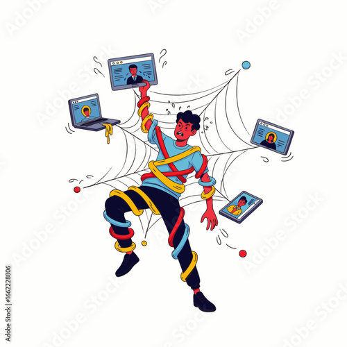 Man entangled in a web of digital connections struggles with overwhelming online communication and information overload.