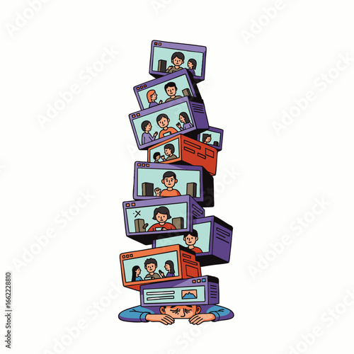 Overwhelmed person buried under a tall stack of computer monitors displaying video calls and online content.