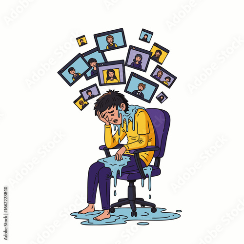 A distressed person sits overwhelmed by digital profiles, symbolizing the emotional toll of social media and online connections.