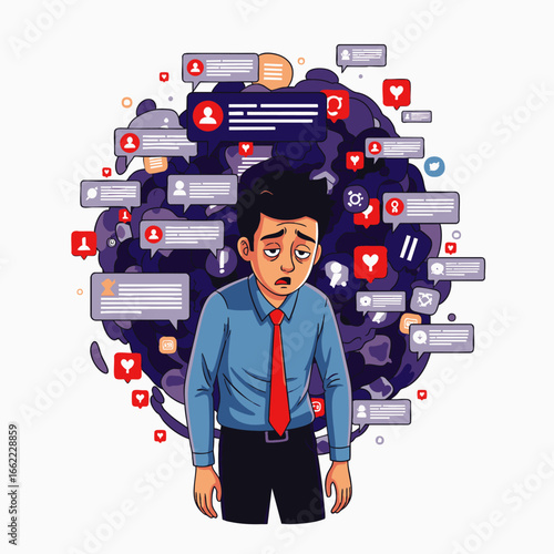 Overwhelmed businessman drowning in a chaotic storm of social media notifications and likes.