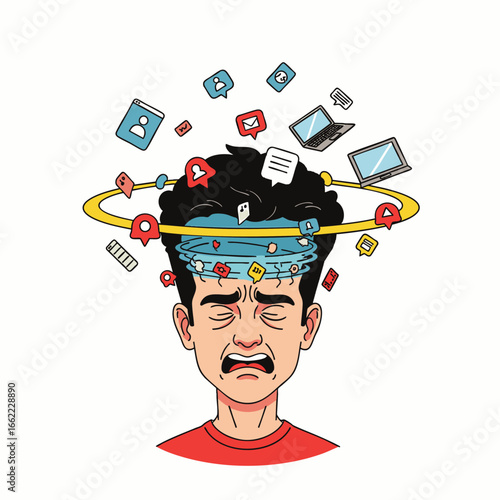 Overwhelmed man experiences mental distress from constant digital notifications and information overload.
