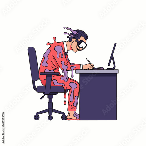 A stressed businessman melts into his desk while working on a computer, symbolizing burnout and overwhelming pressure.