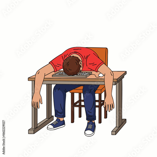 Exhausted student slumps over desk with head on keyboard, overwhelmed by work or study.