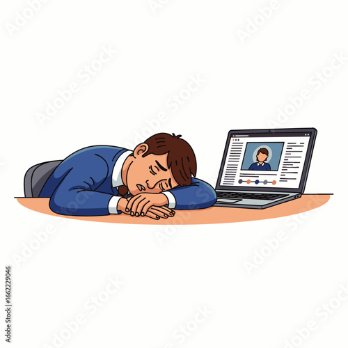 Εκτύπωση καμβά A tired businessman sleeps on his desk during a boring online meeting, illustrating burnout and lack of engagement in remote work