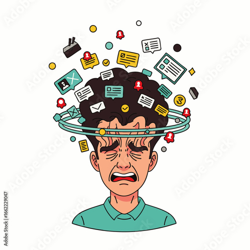 Overwhelmed man experiences mental overload from constant digital notifications and information bombardment.