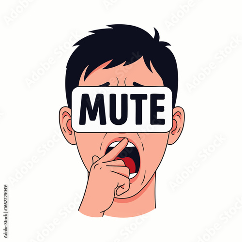 Man with fingers in mouth and "MUTE" sign over eyes, expressing inability to speak or communicate.