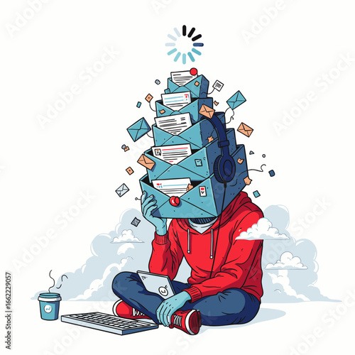Overwhelmed person buried under a mountain of digital communication, symbolizing information overload and stress.