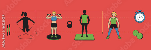Illustration of people exercising with various equipment on a red background with white lines