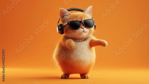 Playful orange cat wearing sunglasses and headphones, dancing against a vibrant orange background