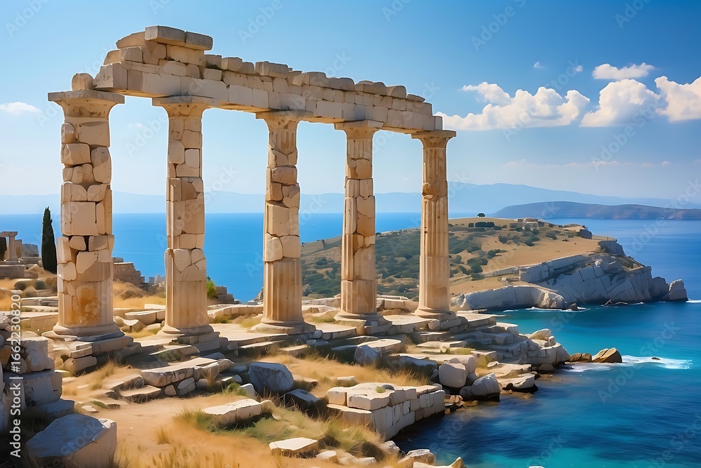 Fototapeta premium The ancient temple of poseidon at sounion, greece, stands in ruins overlooking the aegean sea on a sunny day with scattered clouds