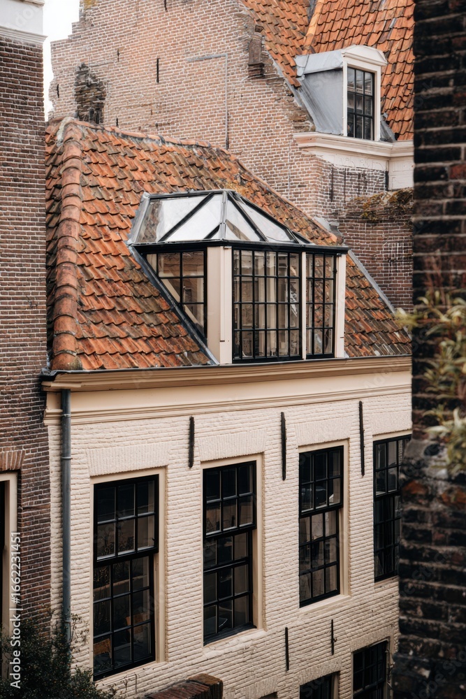 Fototapeta premium Charming architectural details of a historic building with a glass-roofed extension in a Dutch town during early morning light