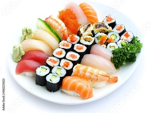 Fresh Sushi Rolls and Nigiri: Premium Japanese Cuisine Presentation with Raw Fish and Fresh Ingredients