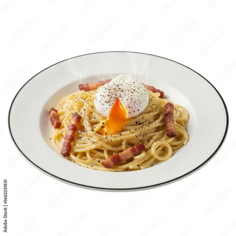 Fototapeta premium A plate of spaghetti carbonara with bacon and a poached egg on top against a black background studio shot on transparent background