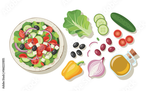Fresh greek salad ingredients and prepared dish overhead view