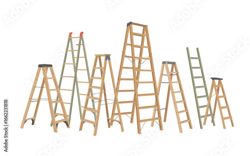 Collection of various wooden ladders standing against a white background