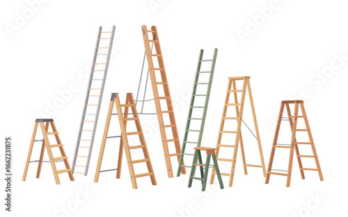 Collection of various wooden and metal ladders arranged in a group