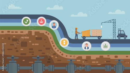 Illustration of an industrial process with worker, crane, truck, and underground pipelines shown