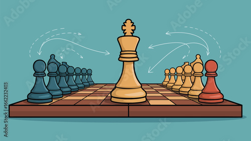 Illustration of a chess board with pawns and a king piece with strategic arrows above them all