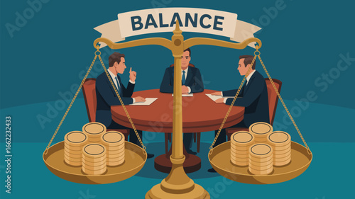 Illustration of balance scale with businessmen and coins representing financial equilibrium and negotiation