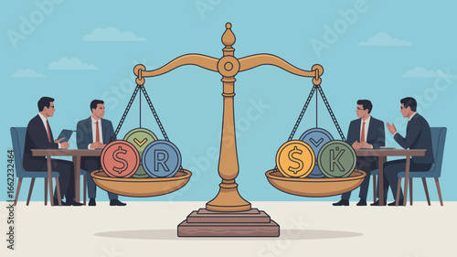Businessmen negotiating with scales balancing currency symbols in a meeting illustration scene view