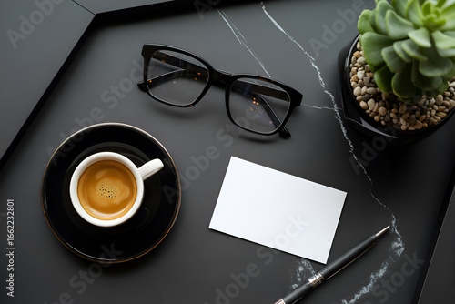 Modern Desk Setup with Espresso and Eyeglasses office