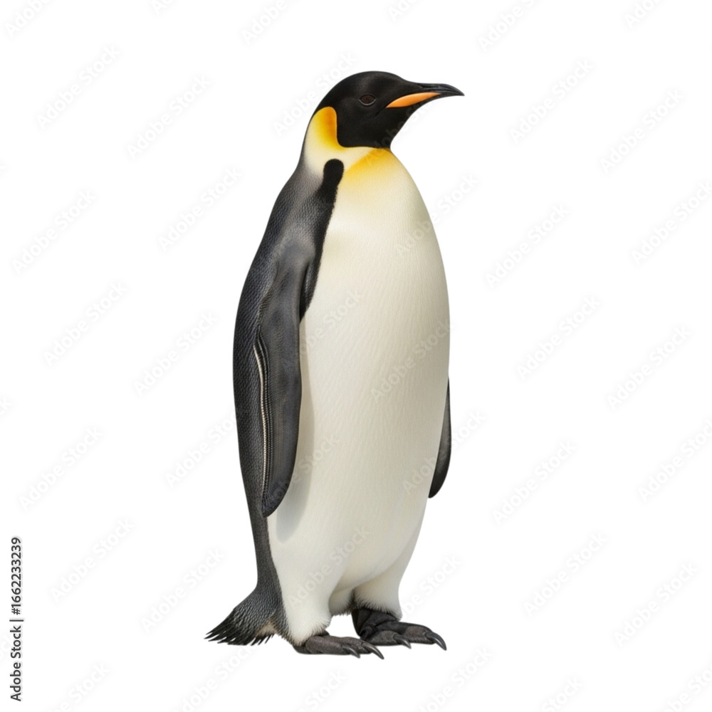Fototapeta premium A full body shot of an emperor penguin standing upright with a black background looking to the right on transparent background