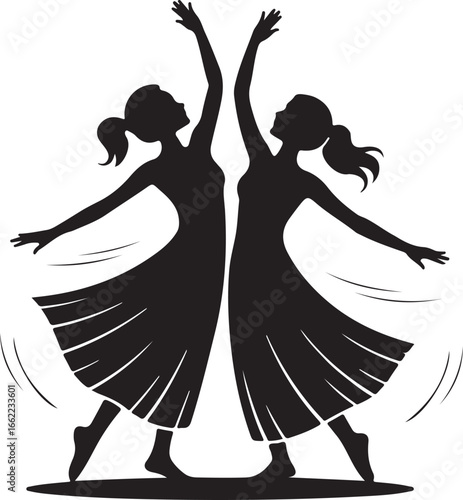 Two graceful ballerinas performing a synchronized dance routine silhouette