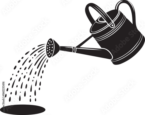 Black silhouette of a watering can pouring water.eps