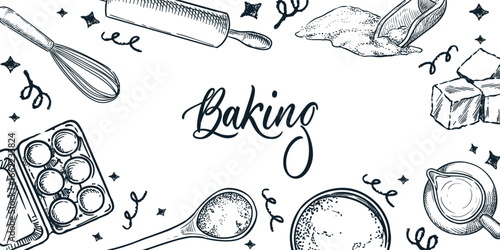Vector frame with sketch illustration of baking ingredients. Background for pastry menu, recipe, bakery packaging,