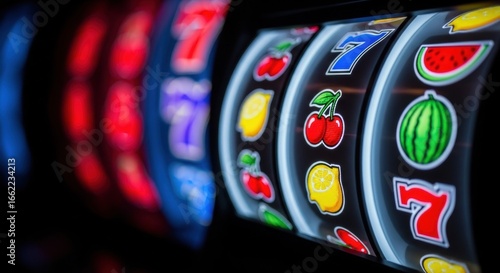 Close up of slot machine reels with fruit and number symbols. Vintage gambling game for casino and entertainment concept.