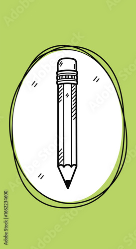 Simple pencil drawing in circle surrounded by abstract line art on green background
